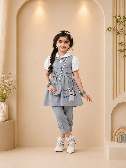 Baby Girl Bunny Embroidered Frock & Trouser Set - Mashoom Janan
