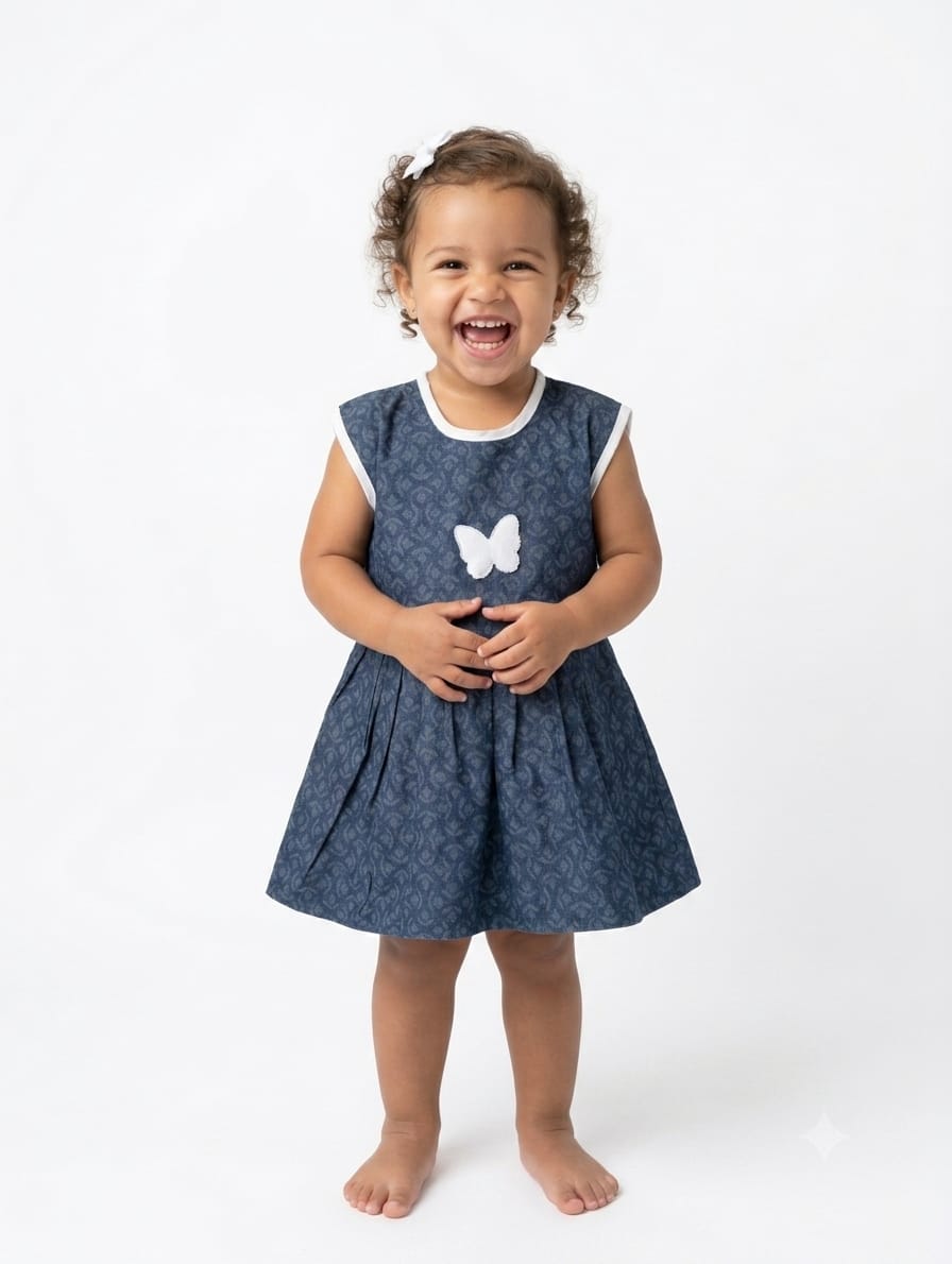 Baby Girl Navy Blue Denim Look Frock - Mashoom Janan
