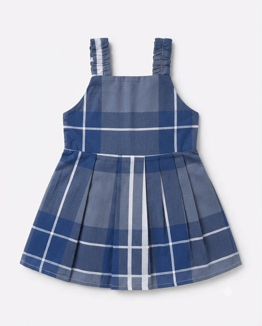 Baby Girls Blue Checked Cotton Sando Frock - Mashoom Janan