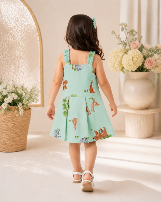 Baby Girls Mint Green Wildlife Print Sando Frock