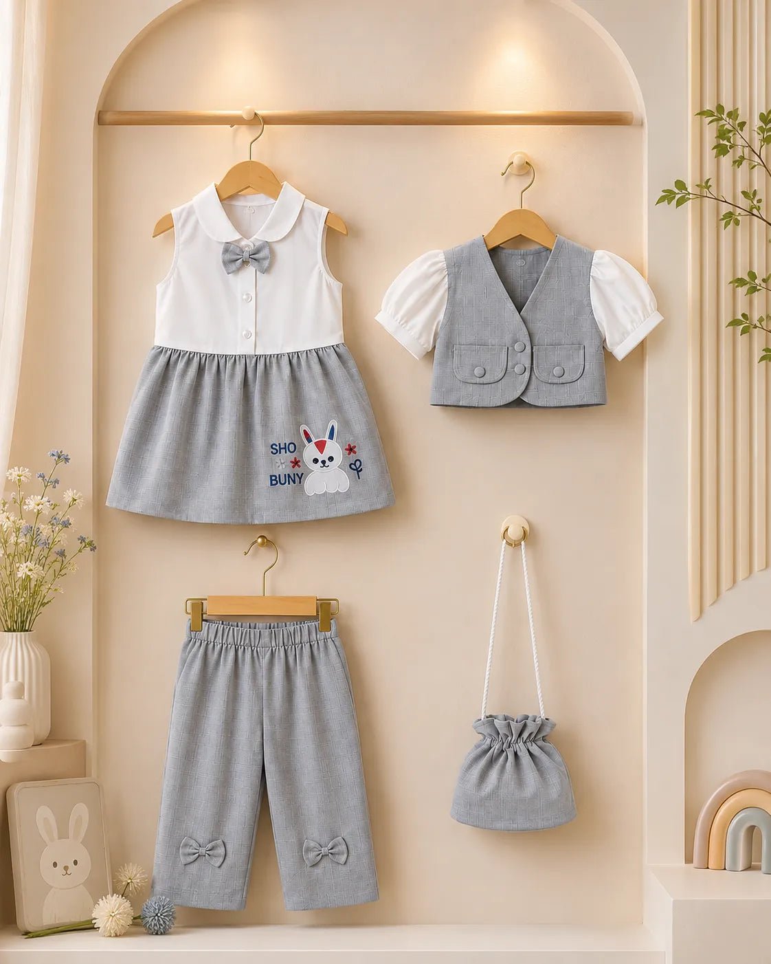 Baby Girl Bunny Embroidered Frock & Trouser Set - Mashoom Janan