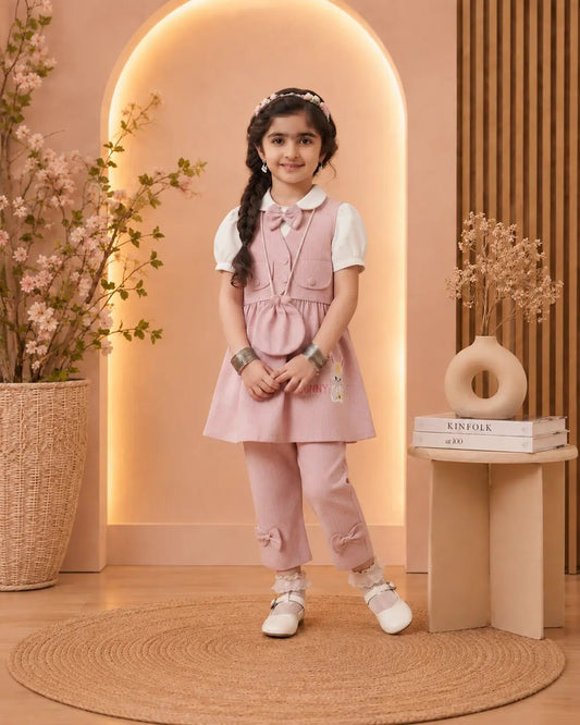 Baby Girl Bunny Embroidered Frock & Trouser Set - Mashoom Janan