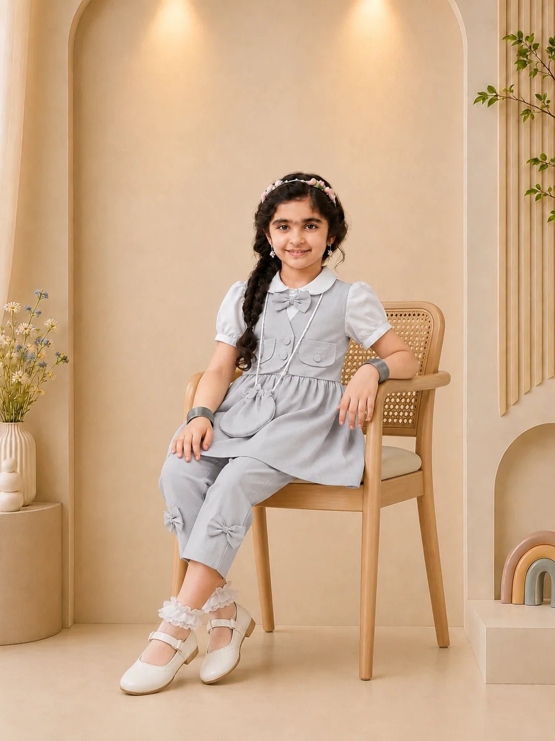 Baby Girl Bunny Embroidered Frock & Trouser Set - Mashoom Janan