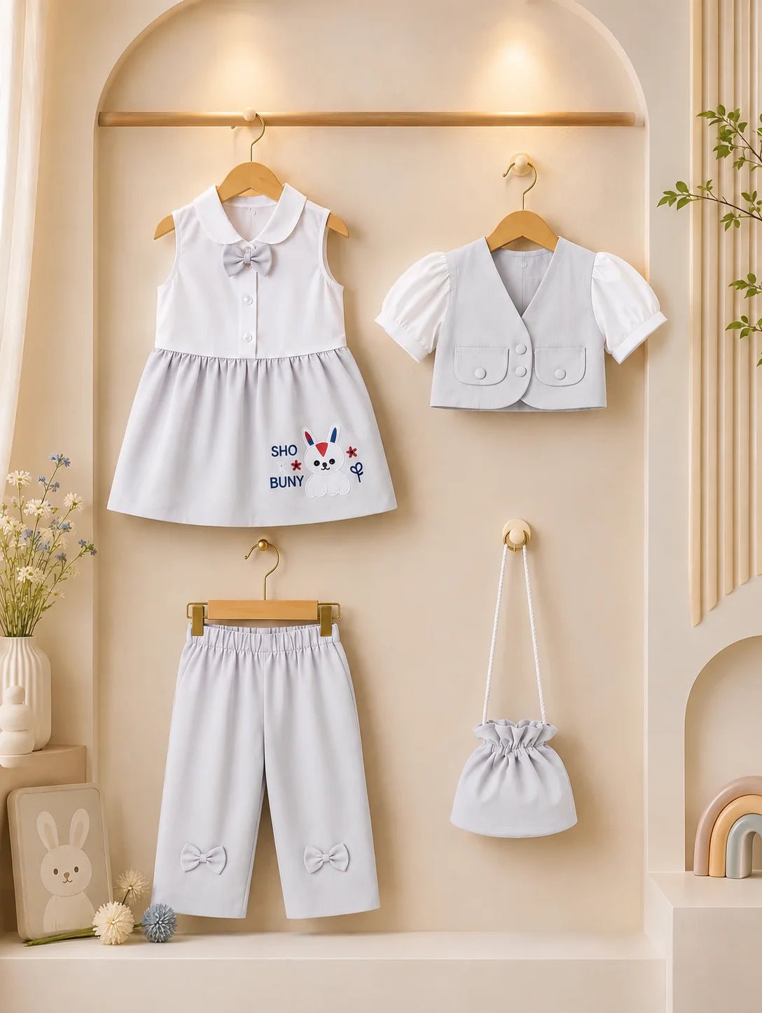 Baby Girl Bunny Embroidered Frock & Trouser Set - Mashoom Janan