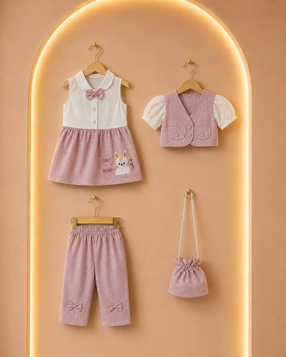 Baby Girl Bunny Embroidered Frock & Trouser Set - Mashoom Janan