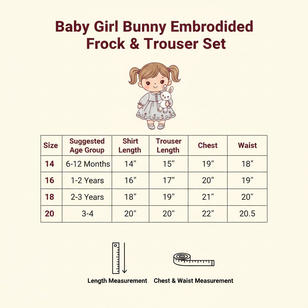 Baby Girl Bunny Embroidered Frock & Trouser Set - Mashoom Janan