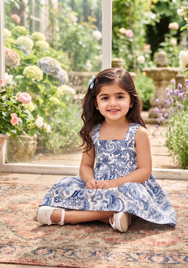 Baby Girl Classic Blue & White Paisley Sundress - Mashoom Janan