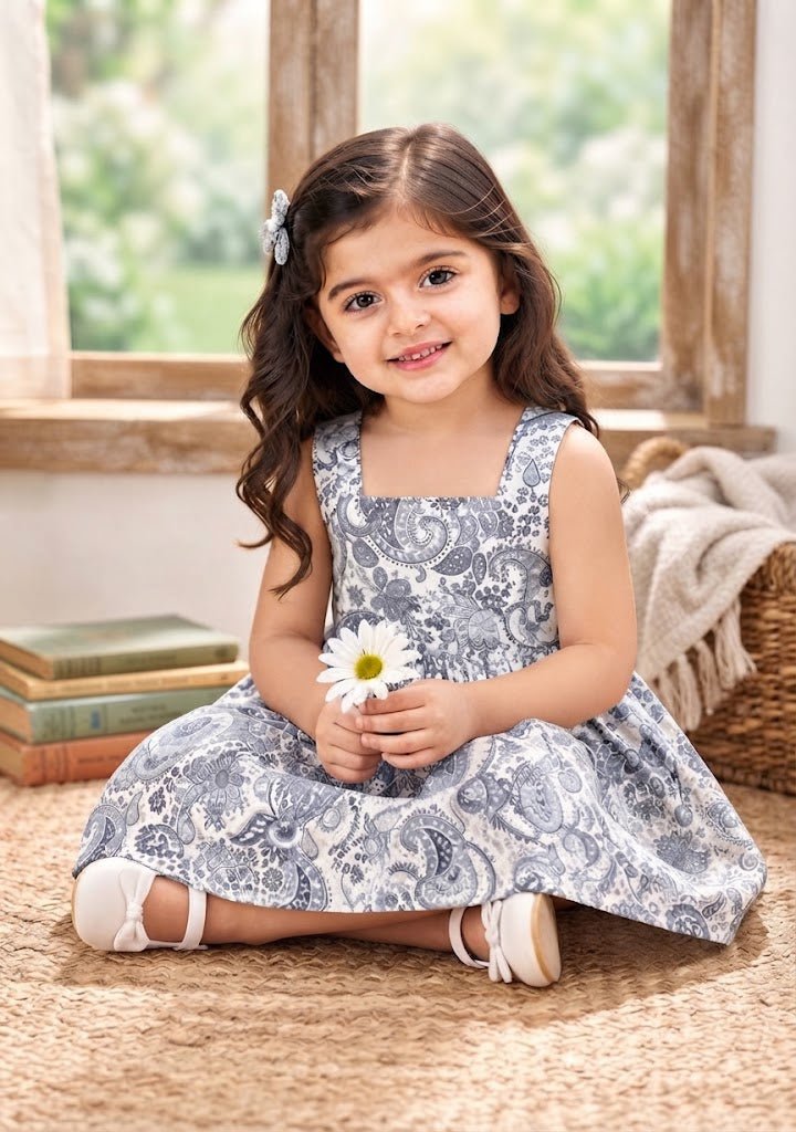 Baby Girl Classic Grey & White Paisley Sundress - Mashoom Janan