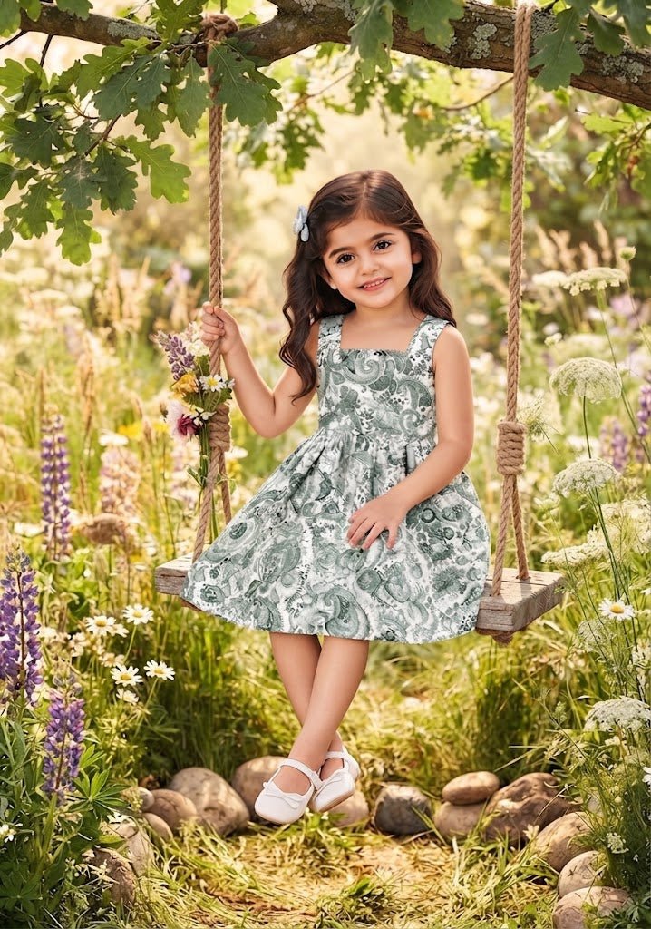 Baby Girl Classic Sage Green & White Paisley Sundress - Mashoom Janan