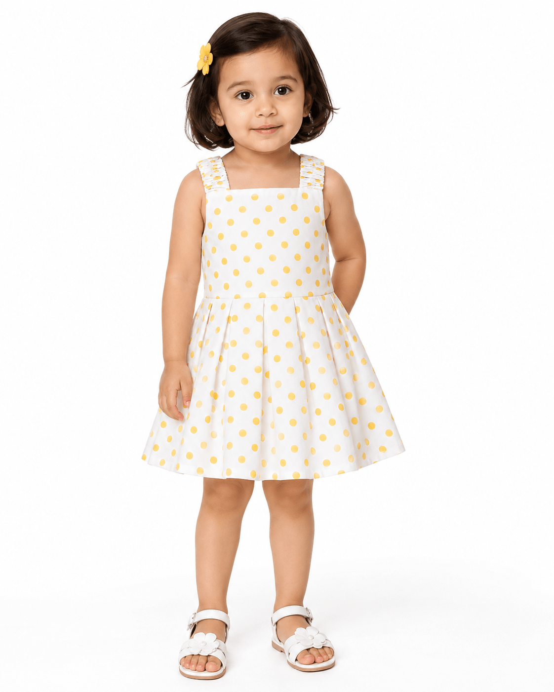 Baby Girl Gray & Yellow Polka Dot Sleeveless Frock - Mashoom Janan