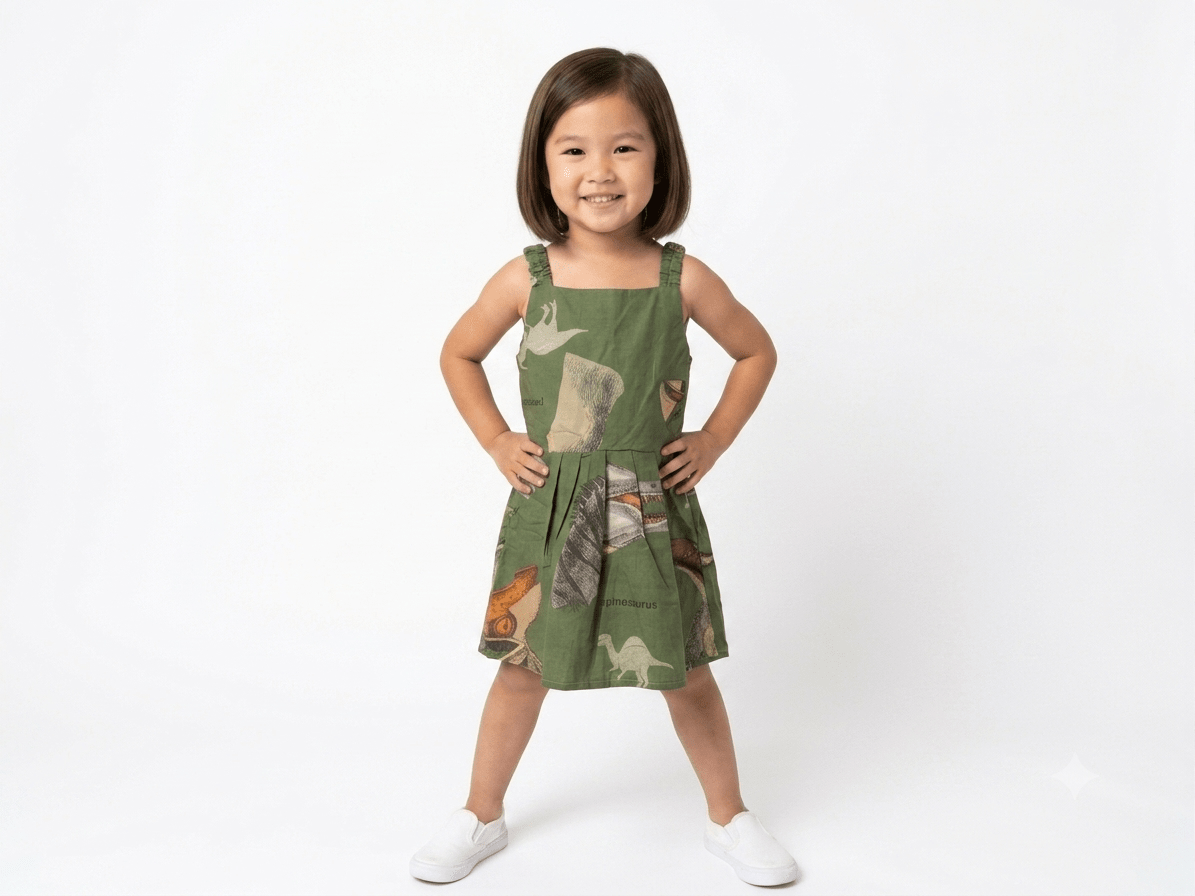 Baby Girl Green Dinosaur Print Cotton Frock - front view - Mashoom Janan