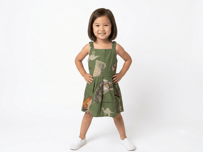 Baby Girl Green Dinosaur Print Cotton Frock - front view - Mashoom Janan