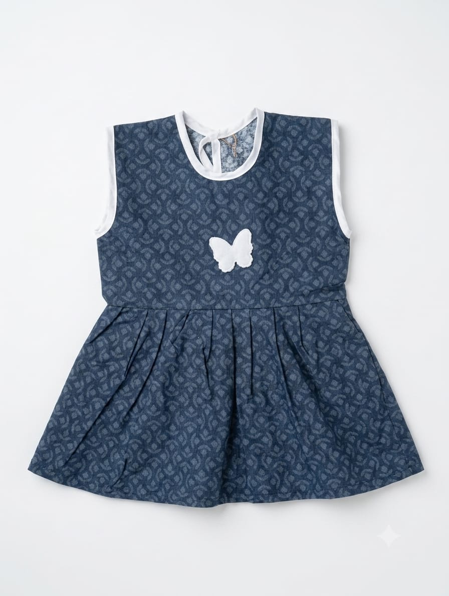 Baby Girl Navy Blue Denim Look Frock - Mashoom Janan