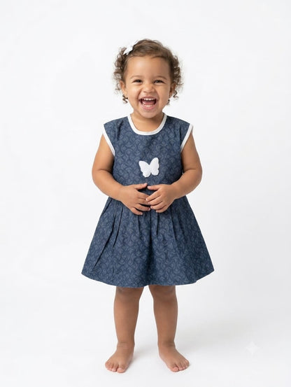 Baby Girl Navy Blue Denim Look Frock - Mashoom Janan