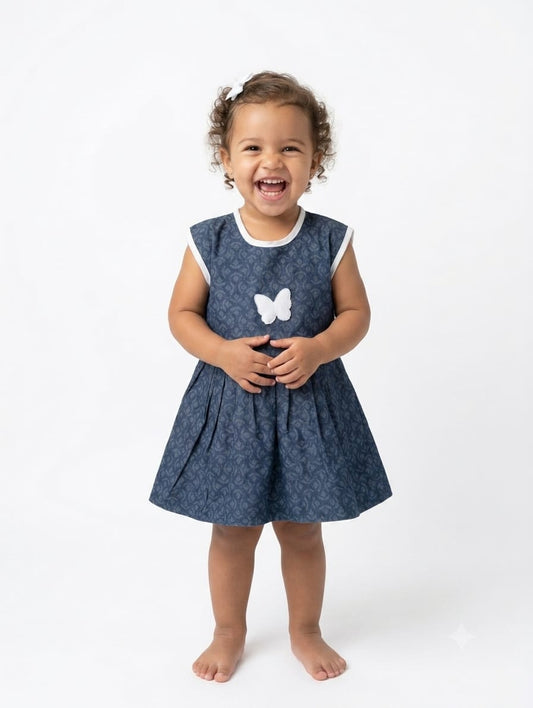 Baby Girl Navy Blue Denim Look Frock - front view - Mashoom Janan