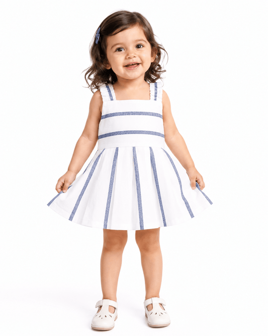 Baby Girl White & Blue Striped Pleated Summer Frock - Mashoom Janan