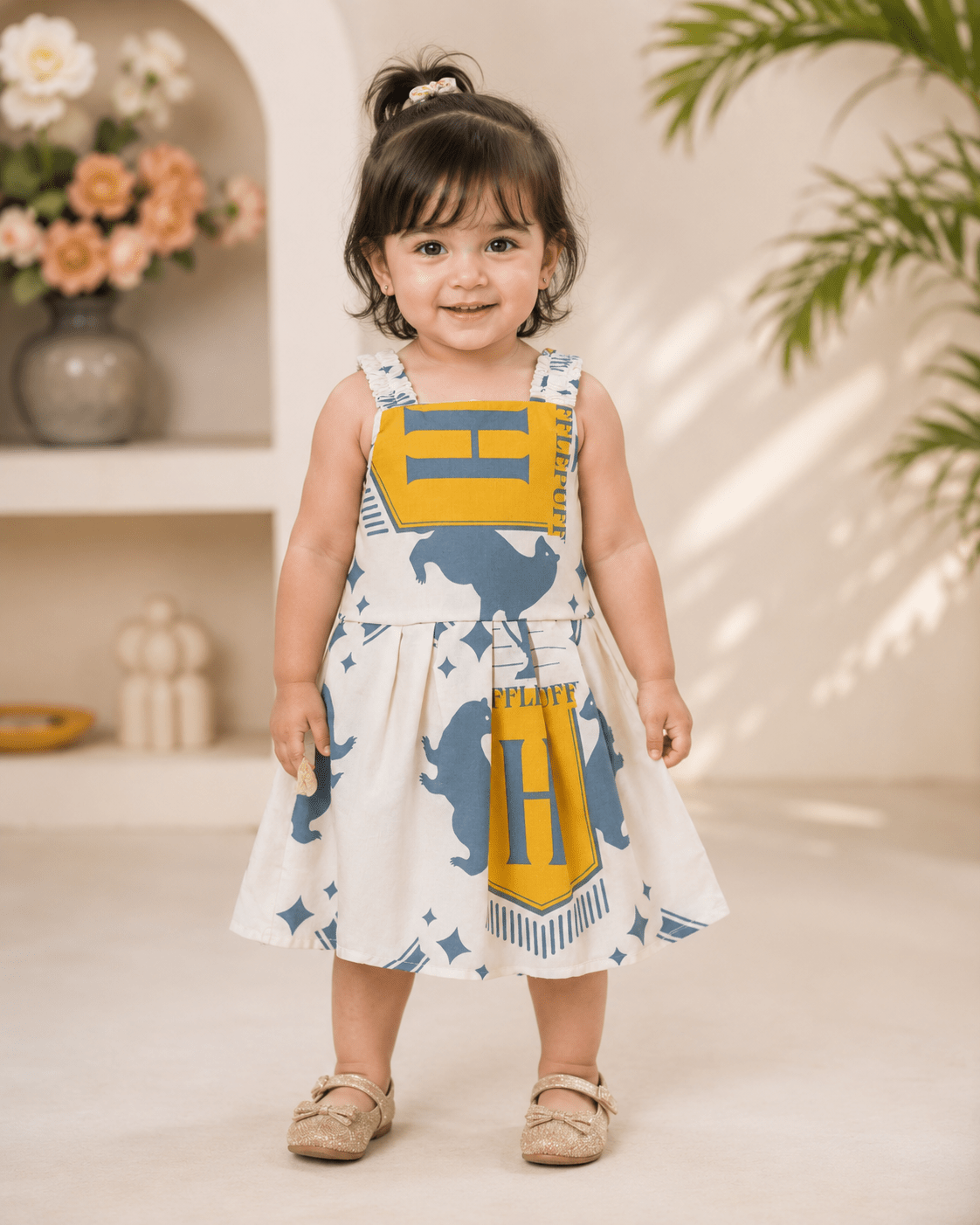 Baby Girls Hufflepuff Print Cotton Frock - Mashoom Janan