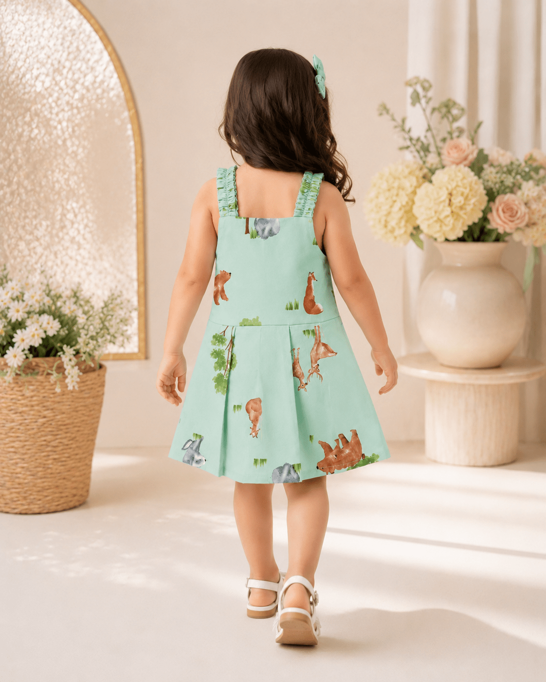 Baby Girls Mint Green Wildlife Print Sando Frock - Mashoom Janan