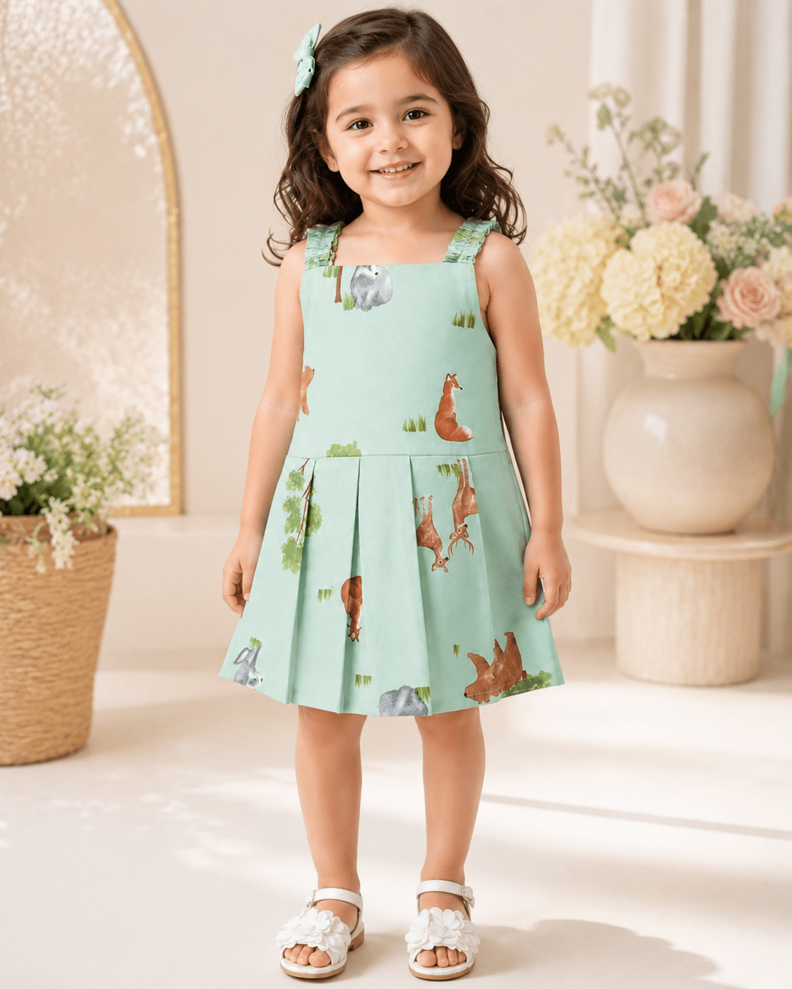 Baby Girls Mint Green Wildlife Print Sando Frock - Mashoom Janan