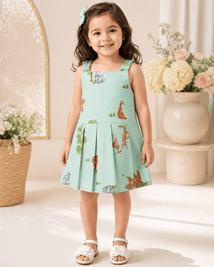 Baby Girls Mint Green Wildlife Print Sando Frock - Mashoom Janan