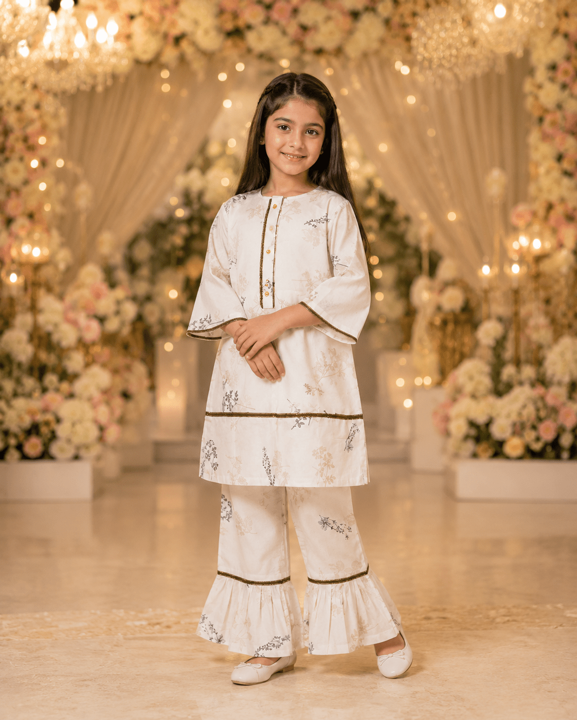 Girl's Floral Print Gharara Set - front view - Mashoom Janan