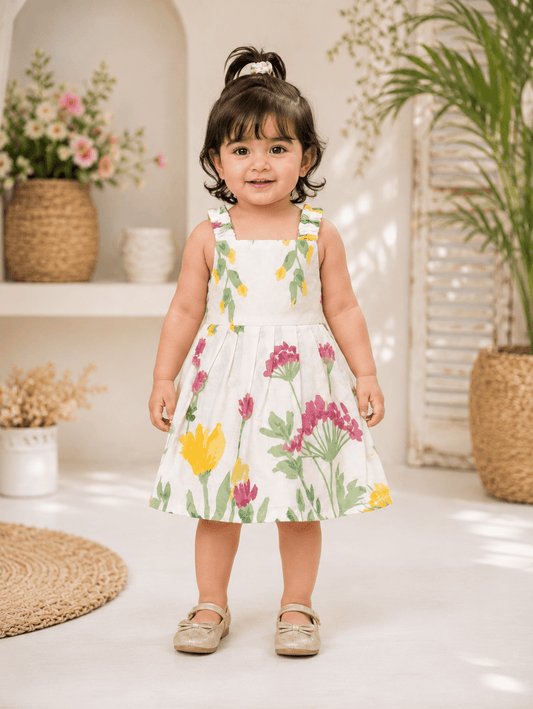 Girls Floral Print Summer Dress | White Cotton Sundress - Mashoom Janan