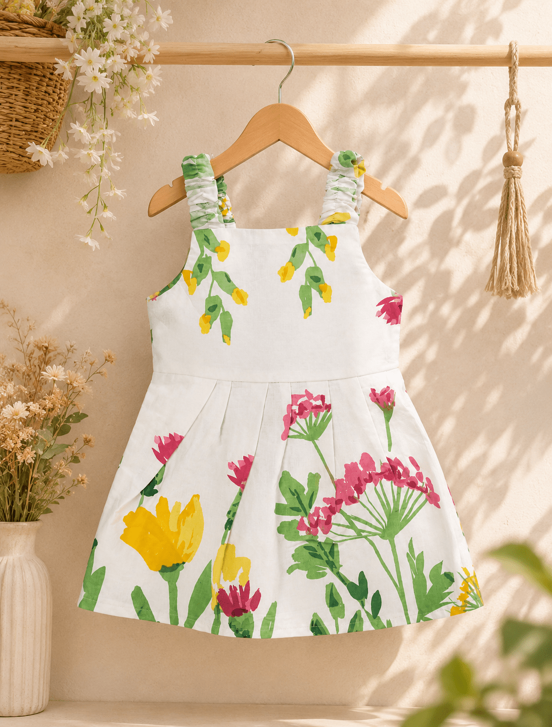 Girls Floral Print Summer Dress | White Cotton Sundress - Mashoom Janan
