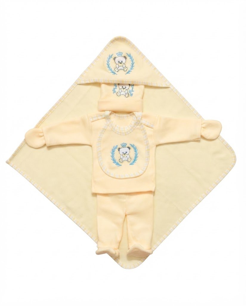 Newborn Baby Luxury Complete 6-Piece Gift Set with Hooded Wrapper (Teddy Bear) - Mashoom Janan