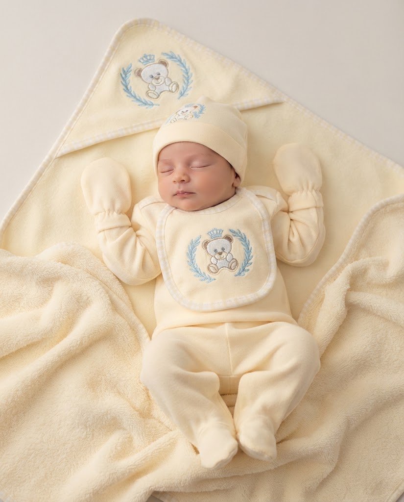 Newborn Baby Luxury Complete 6-Piece Gift Set with Hooded Wrapper (Teddy Bear) - Mashoom Janan