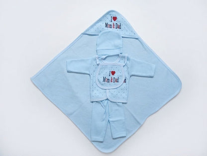 Newborn Cozy Clothing & Hooded Wrapper 5-Piece Gift Set (I Love Mom & Dad) - Mashoom Janan