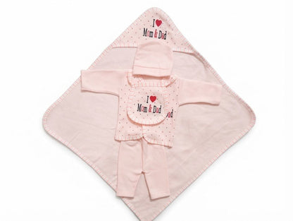 Newborn Cozy Clothing & Hooded Wrapper 5-Piece Gift Set (I Love Mom & Dad) - Mashoom Janan