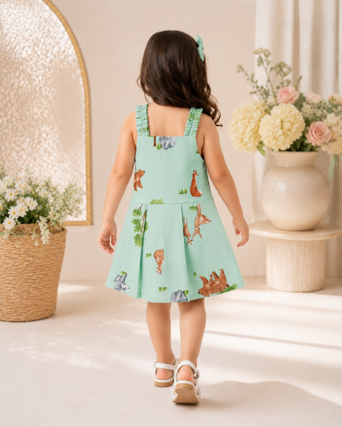 Baby Girls Mint Green Wildlife Print Sando Frock