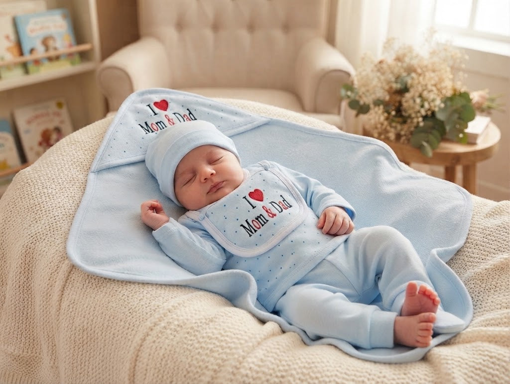 Newborn Cozy Clothing & Hooded Wrapper 5-Piece Gift Set (I Love Mom & Dad)