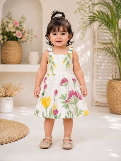 Girls Floral Print Summer Dress | White Cotton Sundress