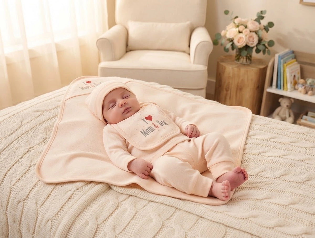 Newborn Cozy Clothing & Hooded Wrapper 5-Piece Gift Set (I Love Mom & Dad)