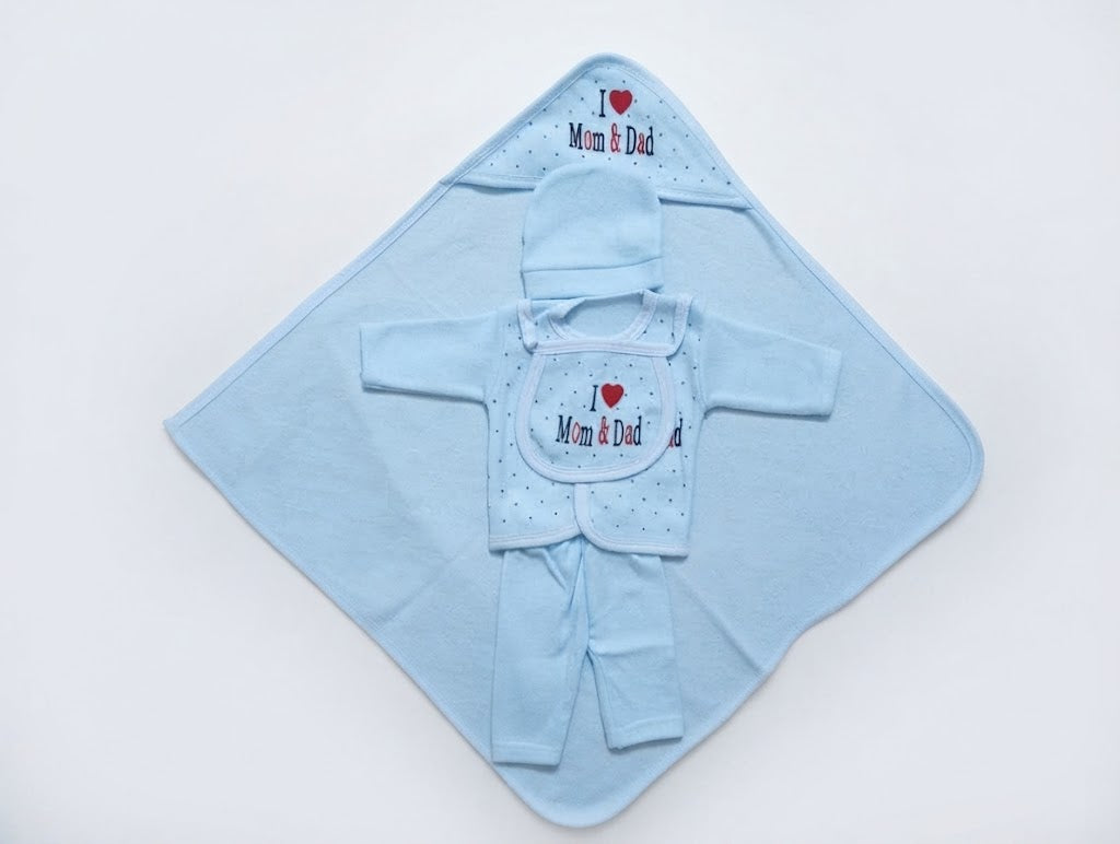 Newborn Cozy Clothing & Hooded Wrapper 5-Piece Gift Set (I Love Mom & Dad)