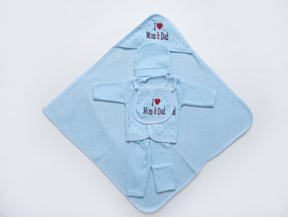 Newborn Cozy Clothing & Hooded Wrapper 5-Piece Gift Set (I Love Mom & Dad)