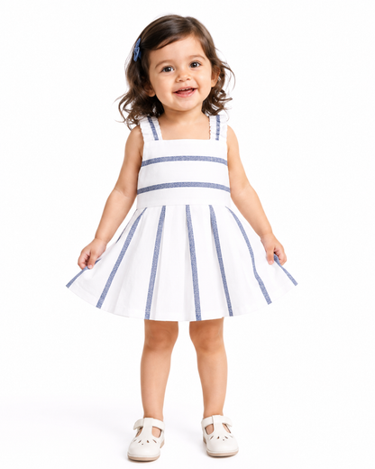 Baby Girl White & Blue Striped Pleated Summer Frock