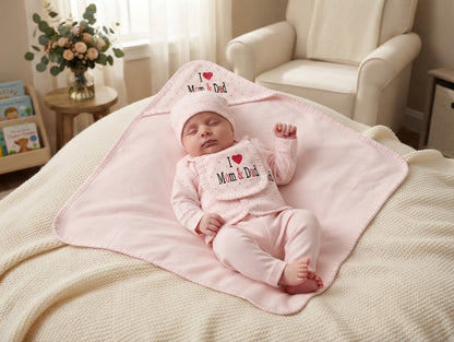Newborn Cozy Clothing & Hooded Wrapper 5-Piece Gift Set (I Love Mom & Dad)