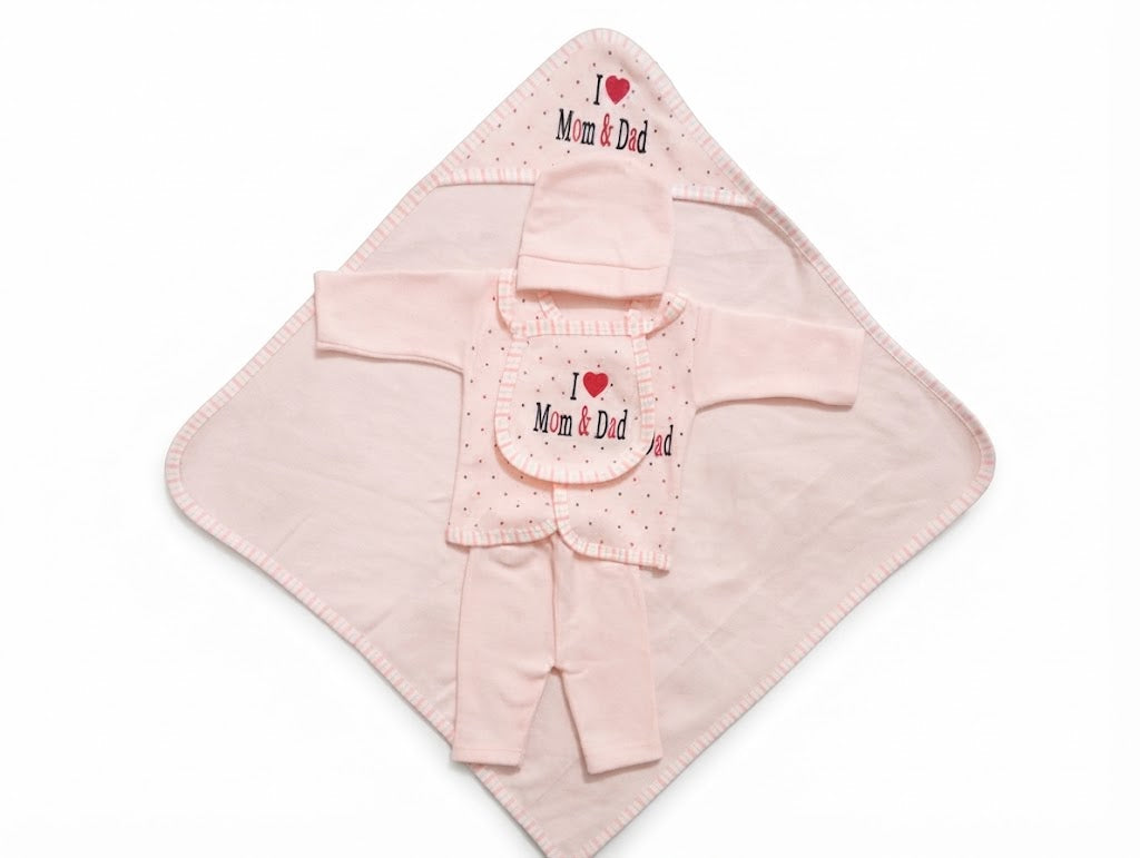Newborn Cozy Clothing & Hooded Wrapper 5-Piece Gift Set (I Love Mom & Dad)
